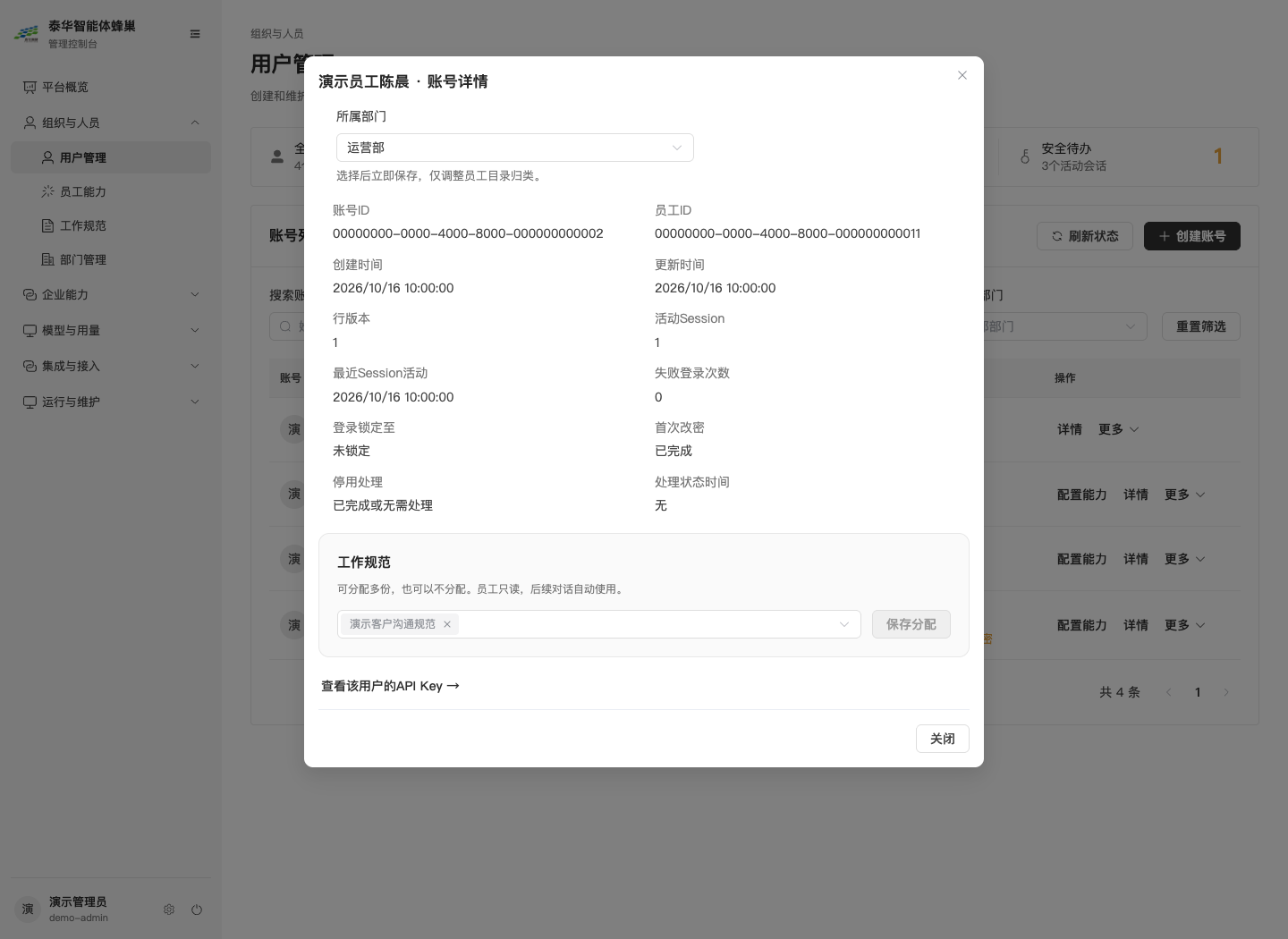 图2-3员工账号详情：部门、登录状态和工作规范分配