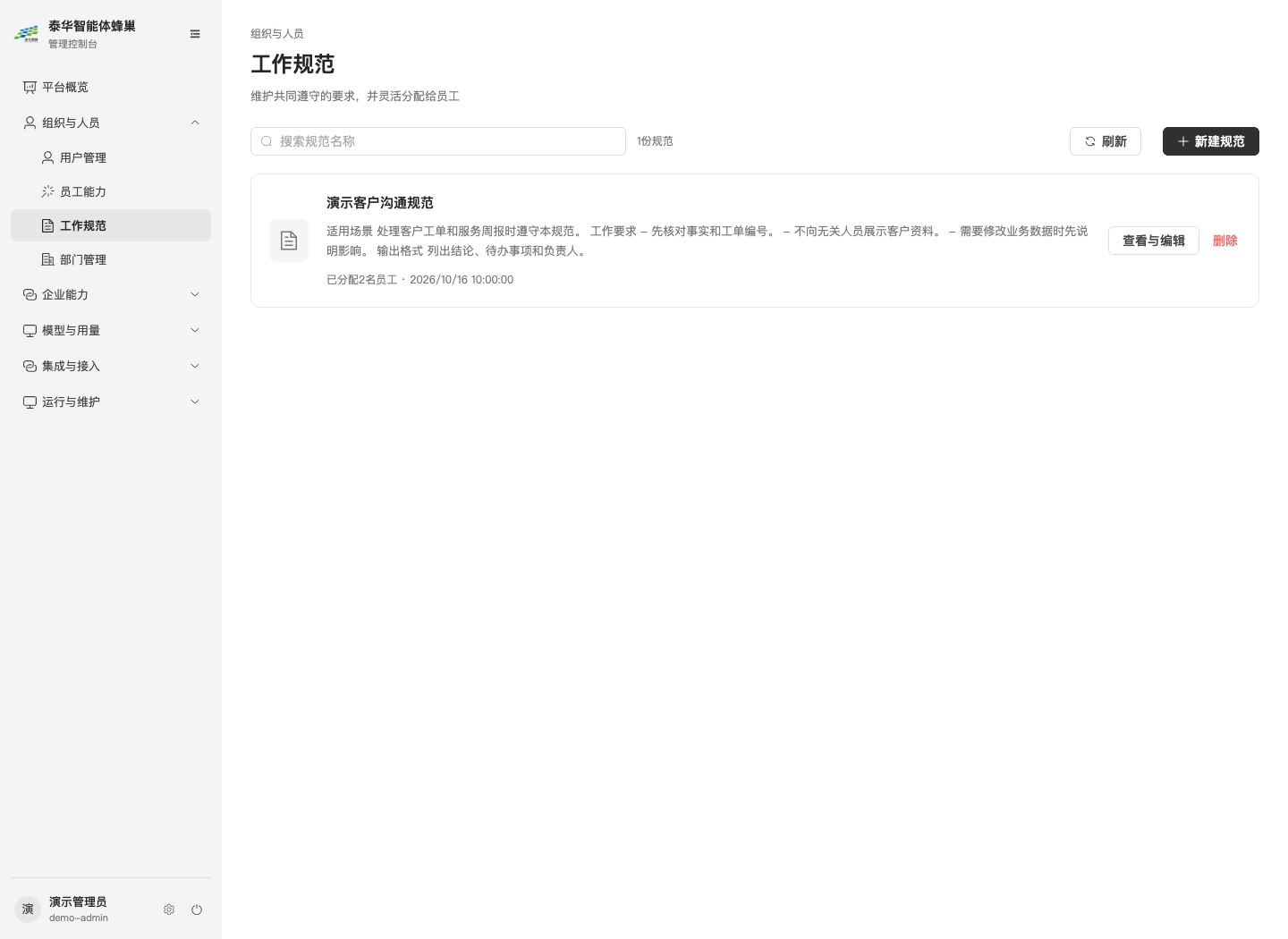 图3-4工作规范列表：搜索、分配人数、更新时间和编辑入口