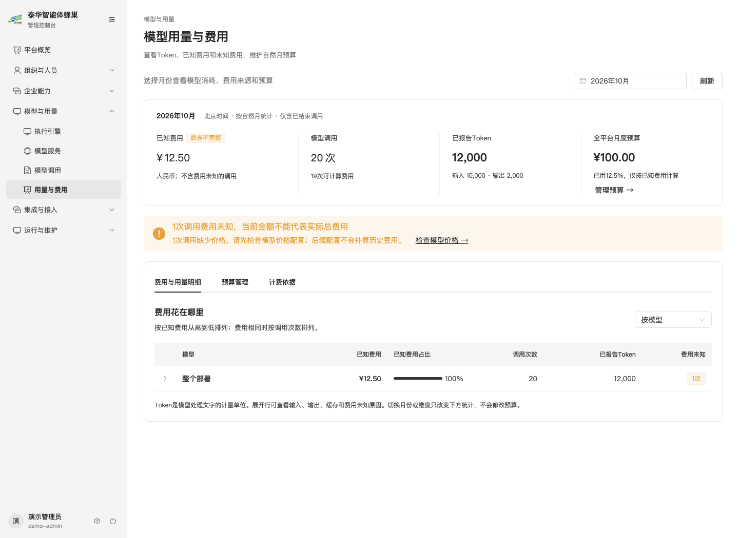 月度费用概况及展开后的输入、输出、缓存和未知费用原因