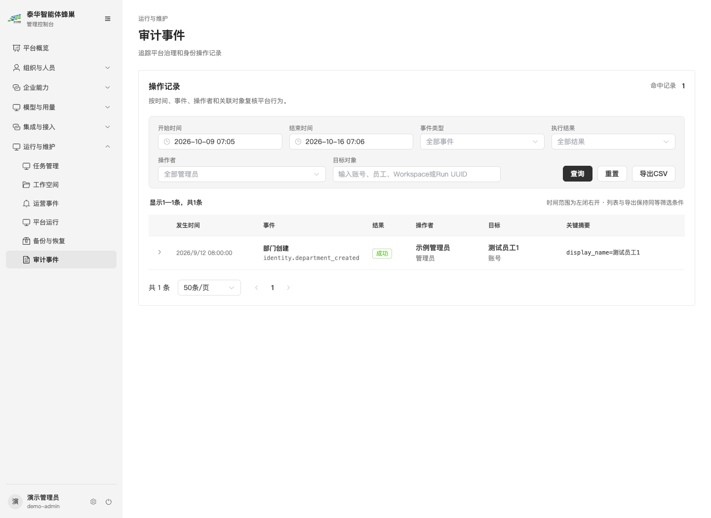 审计事件，可按时间、事件、结果、操作者和目标对象查询并导出