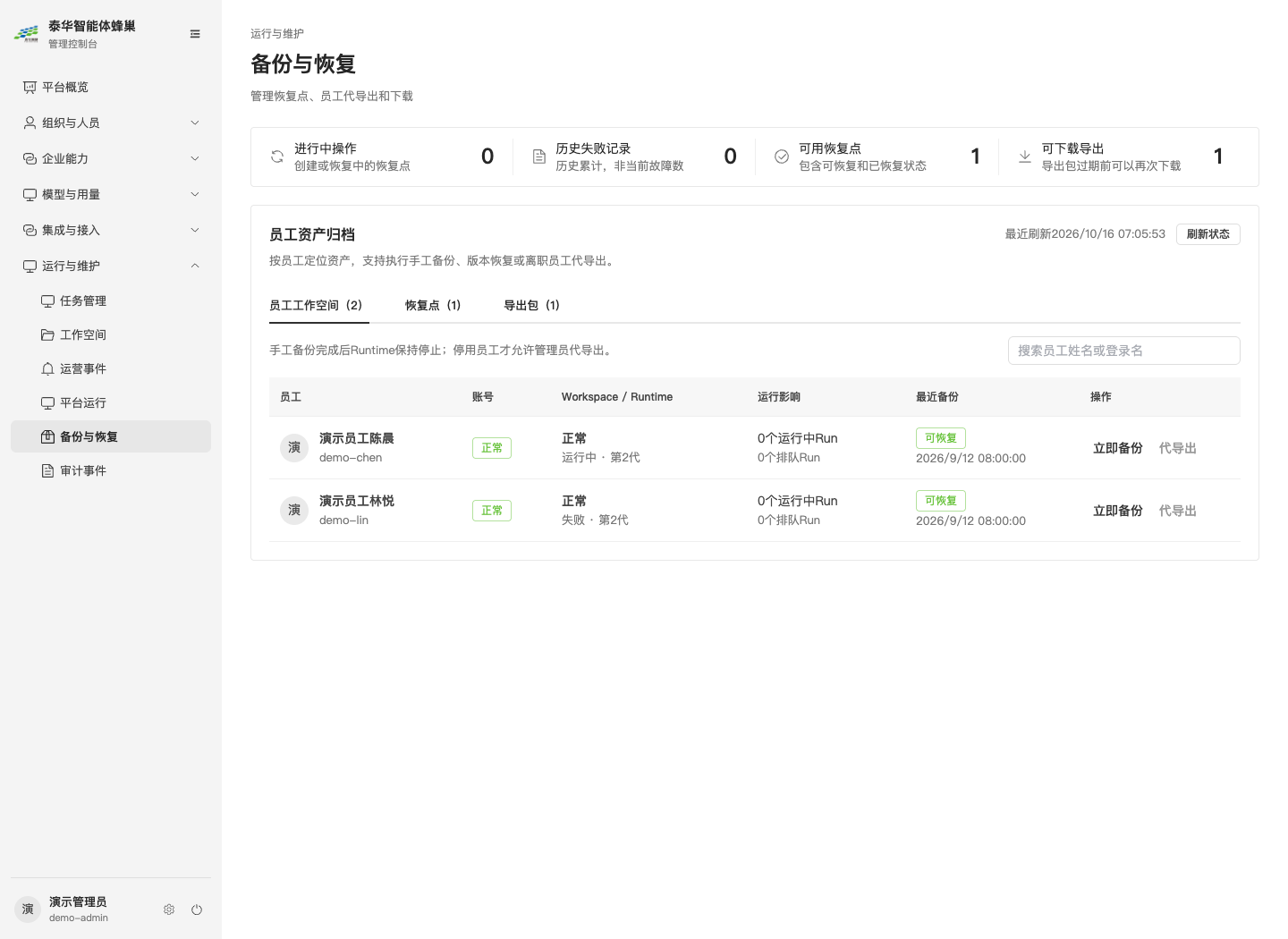 员工资产归档，可切换员工工作空间、恢复点和导出包