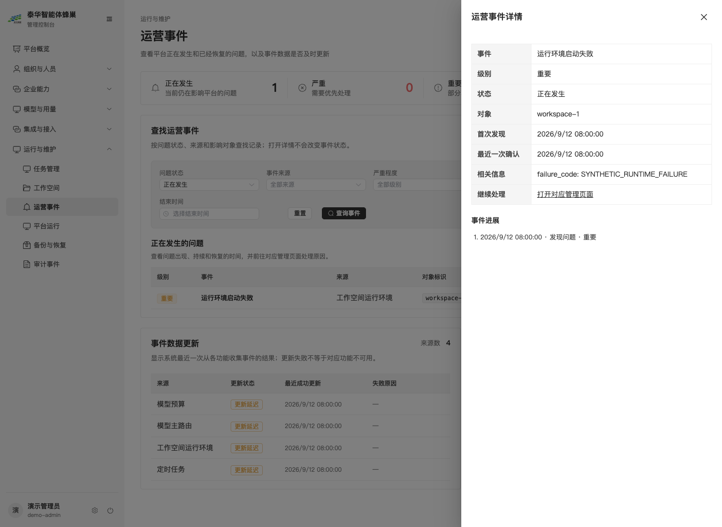 运营事件详情，包含首次发现、最近确认及处理入口