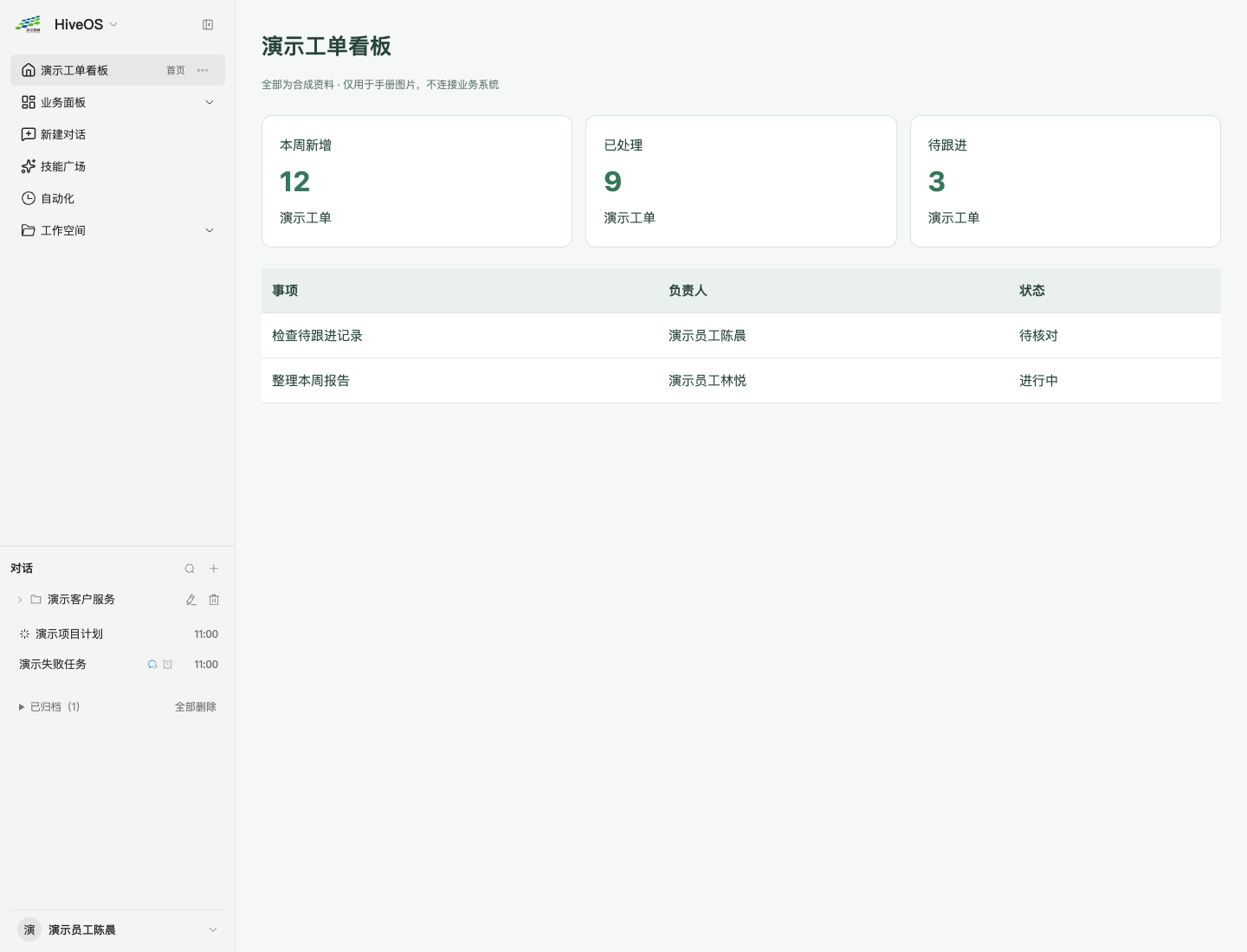 用面板处理业务的员工工作台演示界面