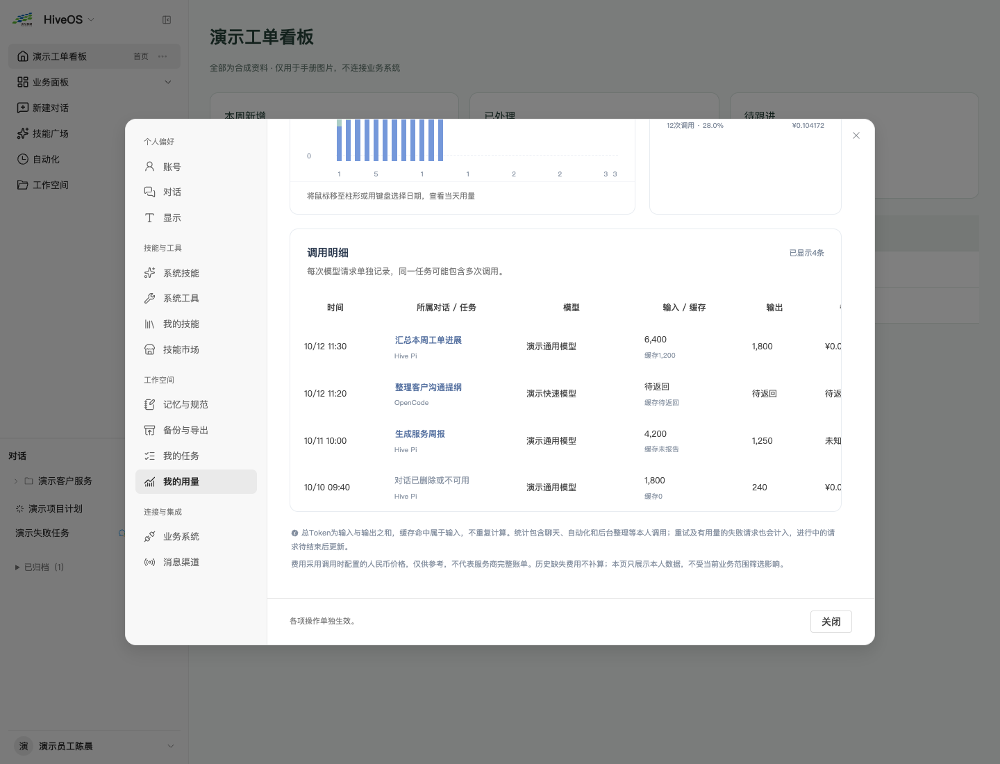 本人调用明细，按每次模型请求列出用量并链接所属对话