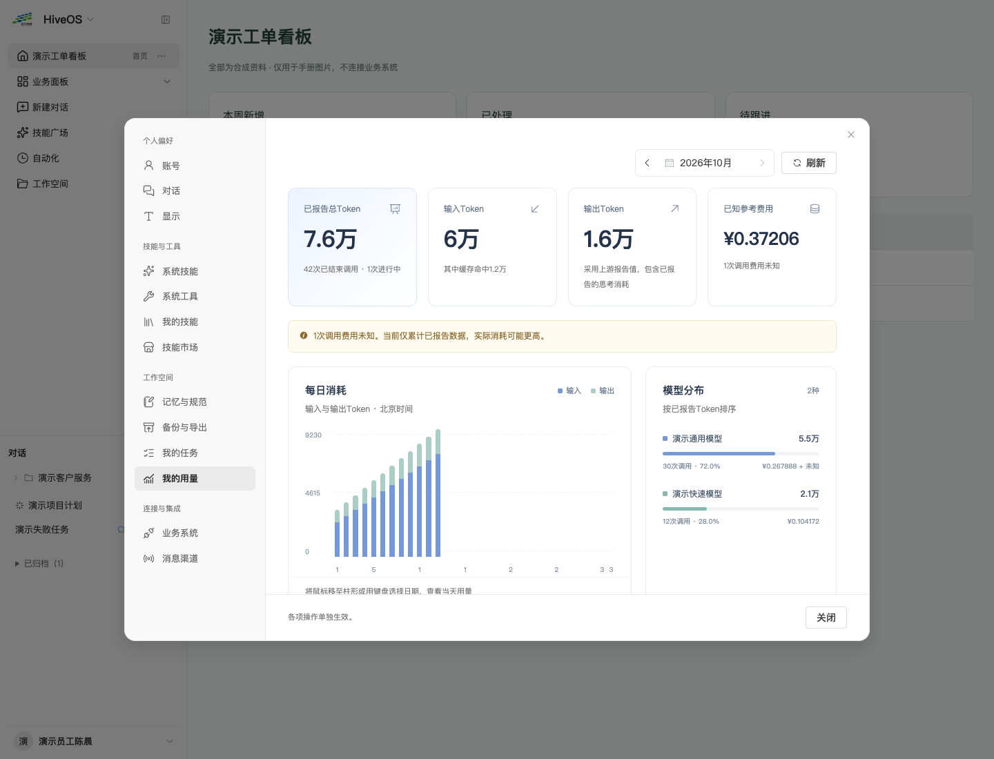 个人月度用量、每日消耗与模型分布